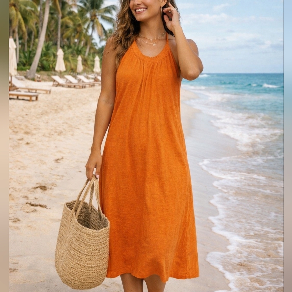 Athleta Orange Sleeveless Midi Dress Size L Cotton Modal Summer Flowy Dress